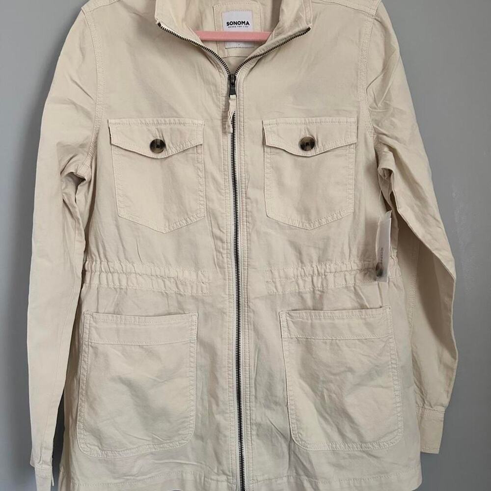 Sonoma Goods For Life Utility Jacket Womens M Cream 4 Pocket Zip Cotton Stretch